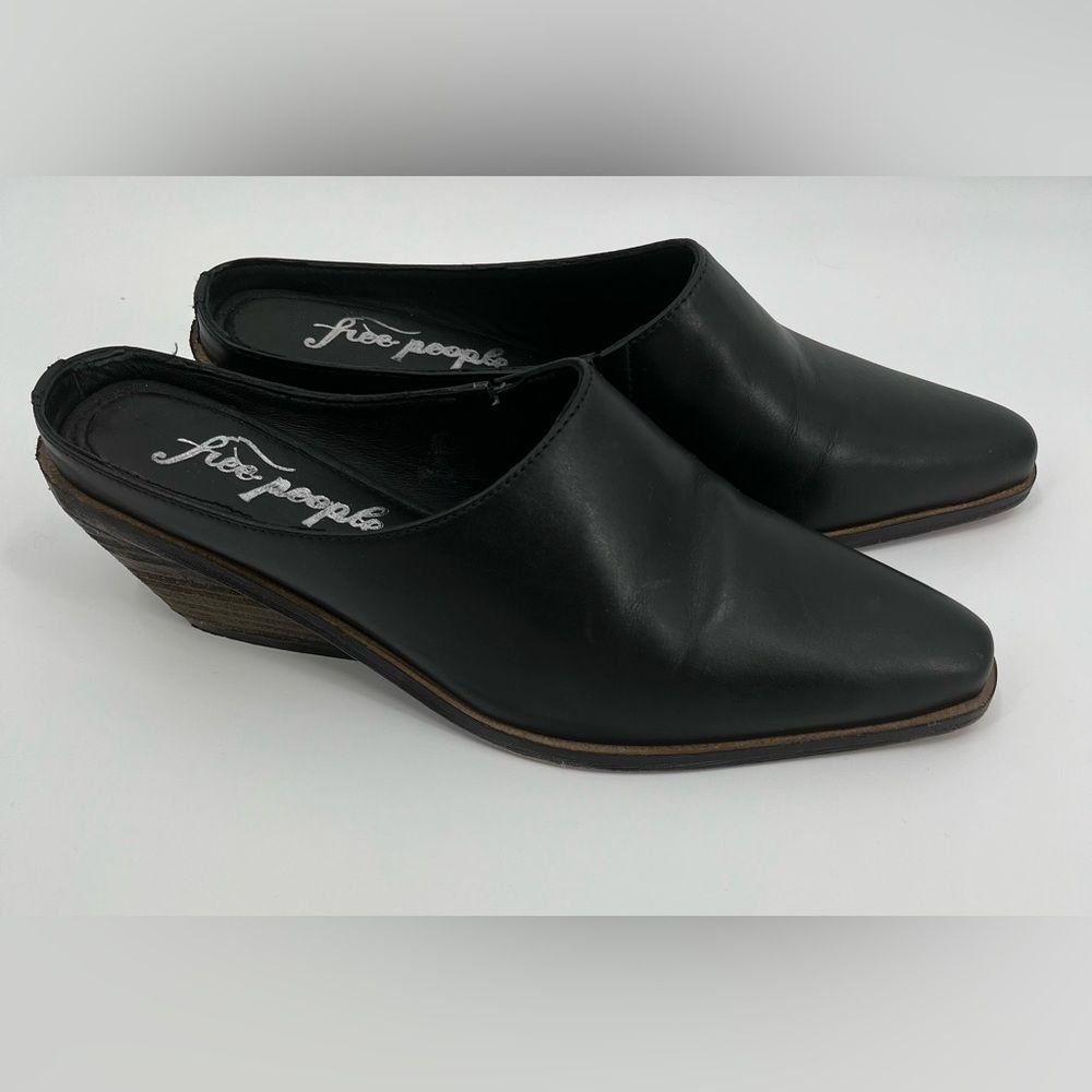 Free People Black Leather Wedge Mules